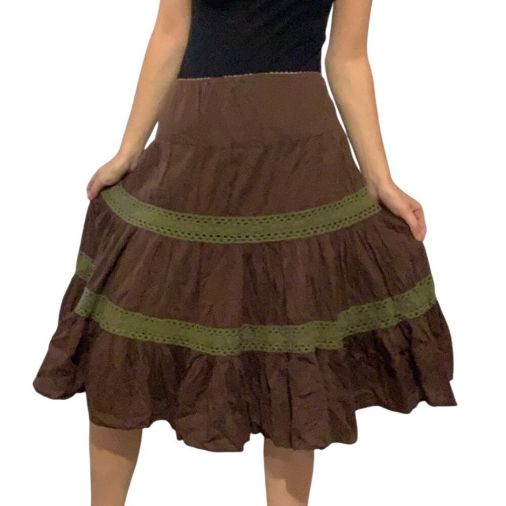 Younique Y2K Brown Fairycore Tiered Midi Skirt – Olive Crochet Medium